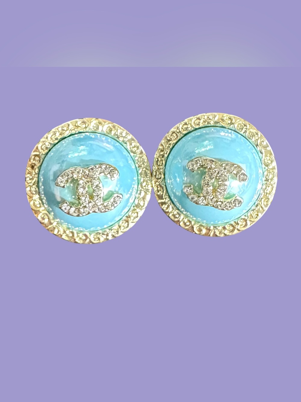 Turquoise Enamel & Gold Crystal CC Button Earrings